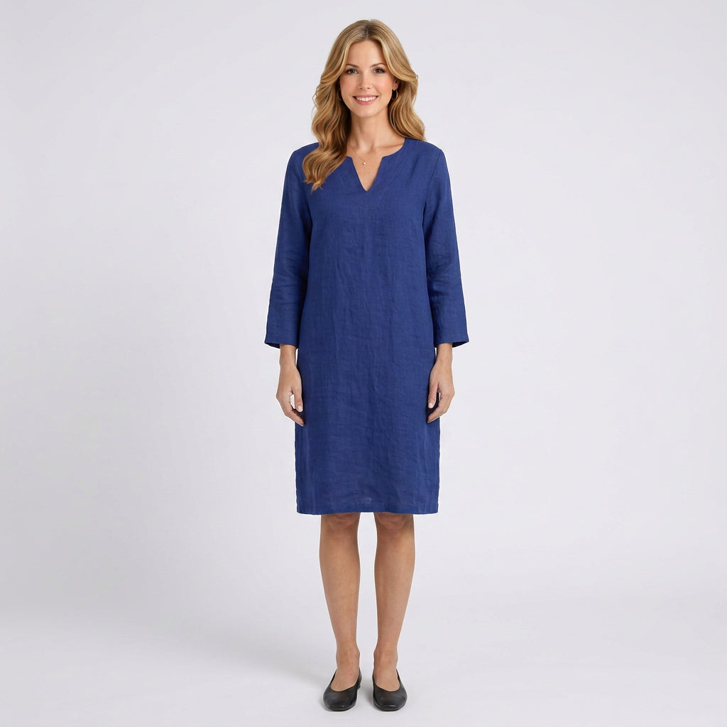 Linen Mini Dress – V-Neck 3/4 Sleeve Style
