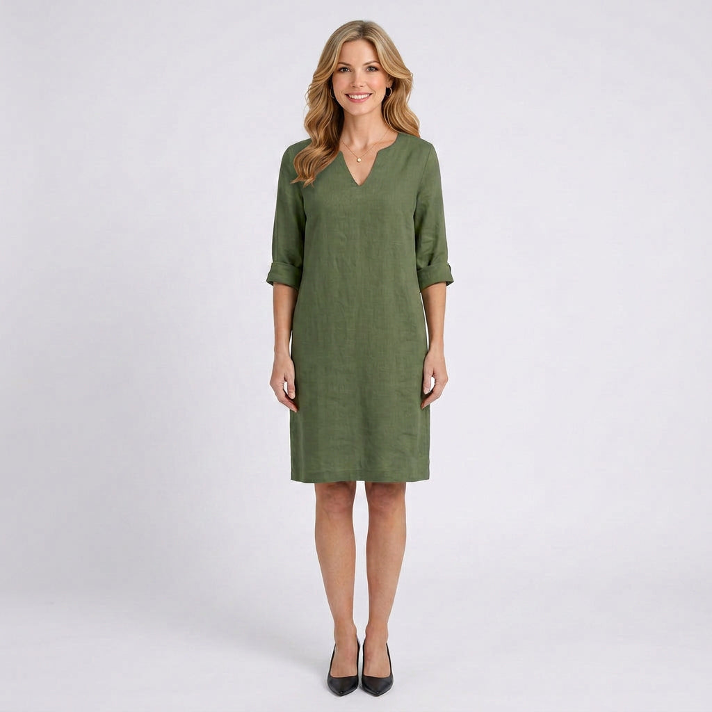 Linen Mini Dress – V-Neck 3/4 Sleeve Style