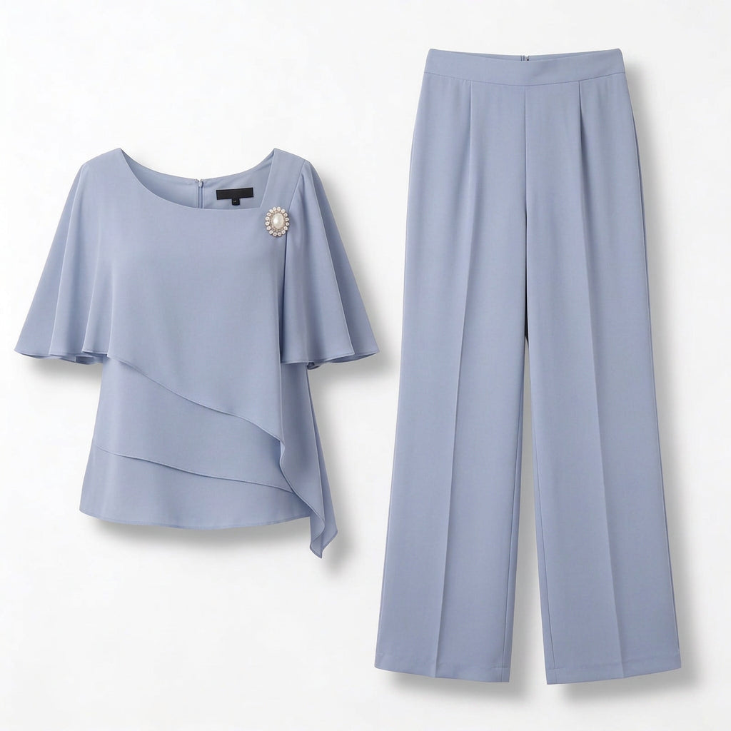 Two Piece Set – Layered Top and Wide Leg Trousers Elegant Style