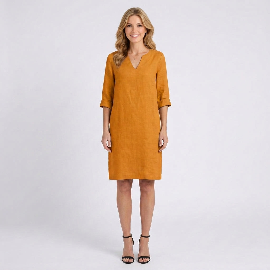 Linen Mini Dress – V-Neck 3/4 Sleeve Style