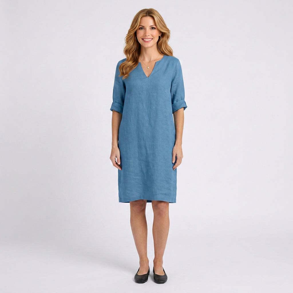 Linen Mini Dress – V-Neck 3/4 Sleeve Style