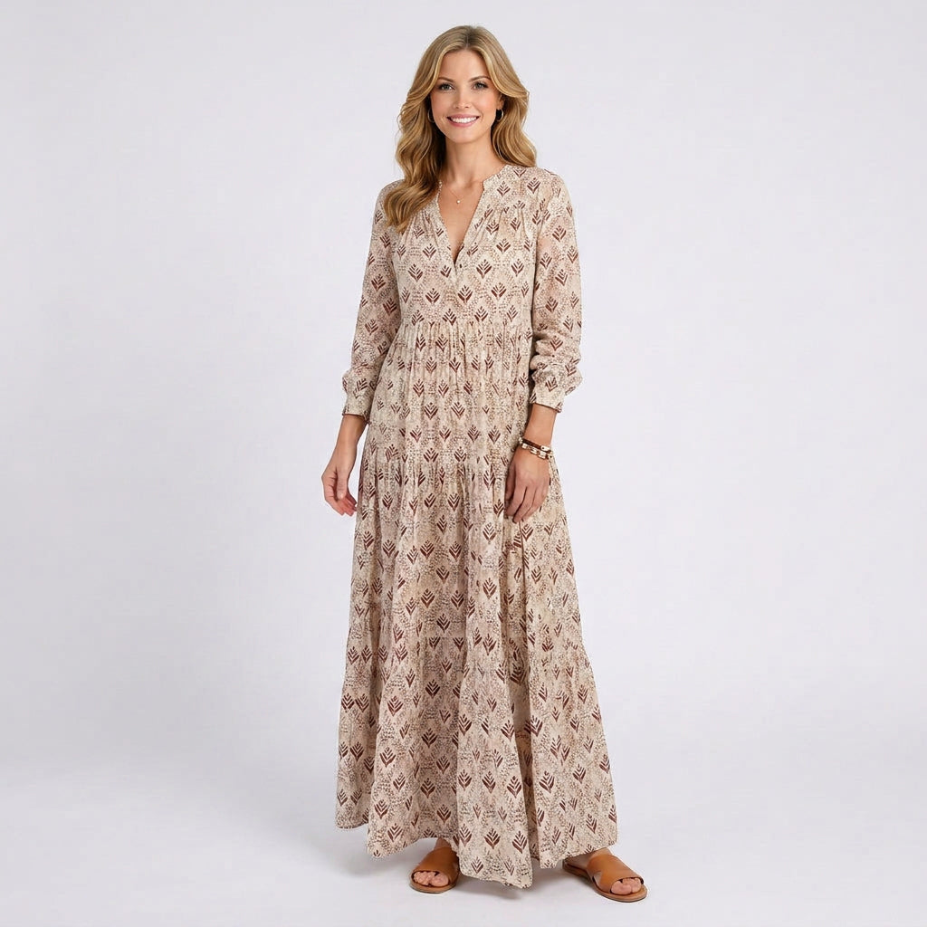 Printed Maxi Dress – Long Sleeve Tiered Style
