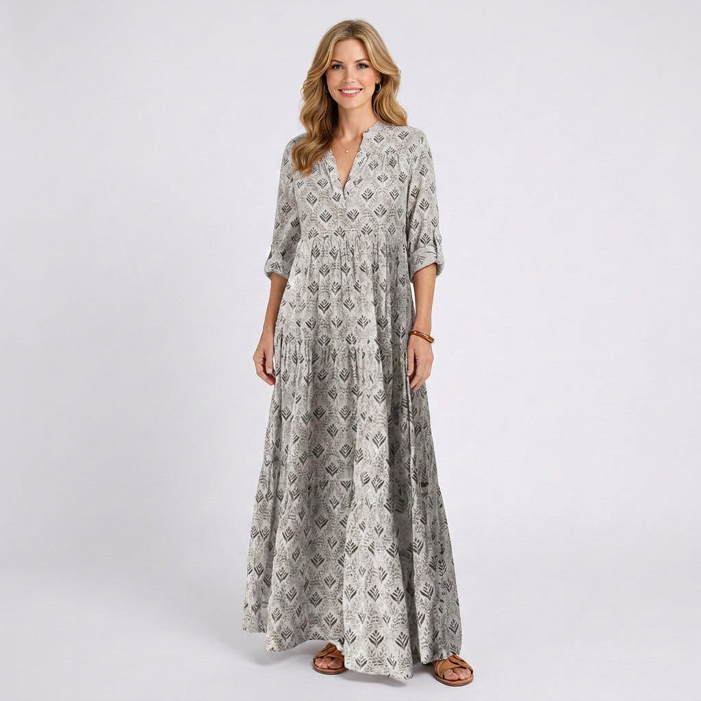 Printed Maxi Dress – Long Sleeve Tiered Style