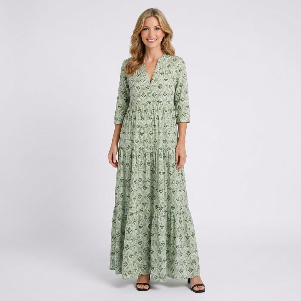 Printed Maxi Dress – Long Sleeve Tiered Style