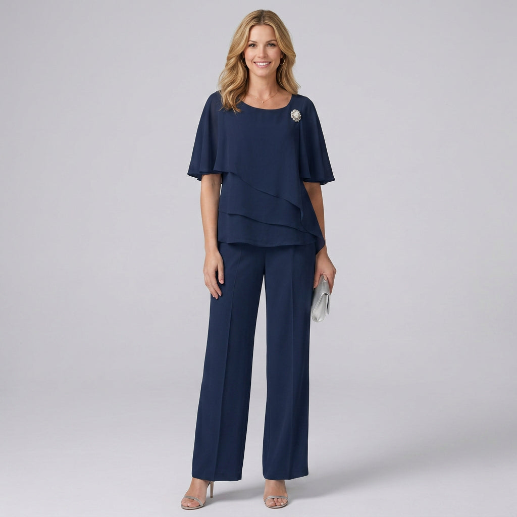 Two Piece Set – Layered Top and Wide Leg Trousers Elegant Style