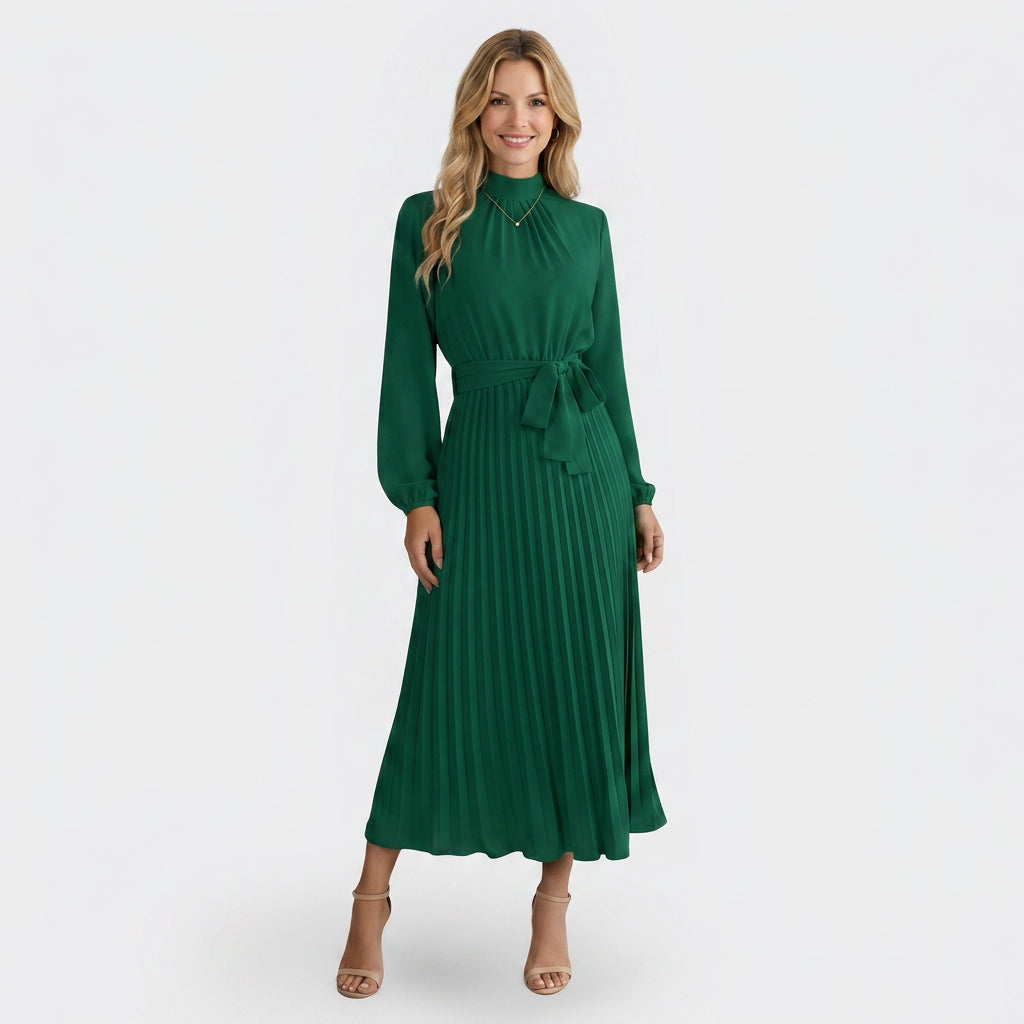 Midi Dress – High Neck Pleated Belted Style