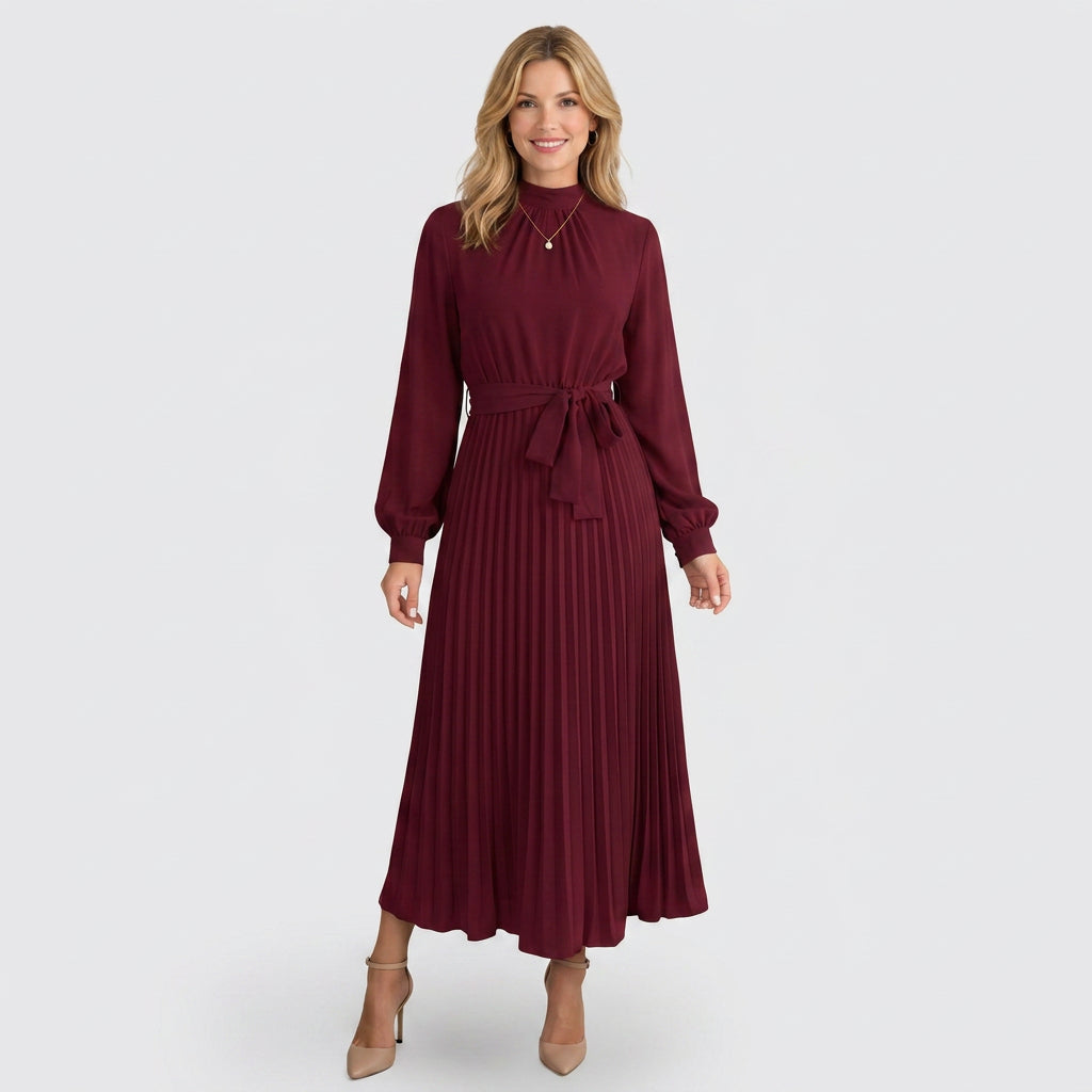 Midi Dress – High Neck Pleated Belted Style