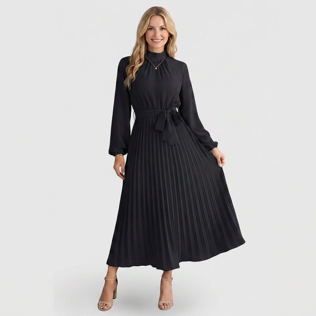 Midi Dress – High Neck Pleated Belted Style