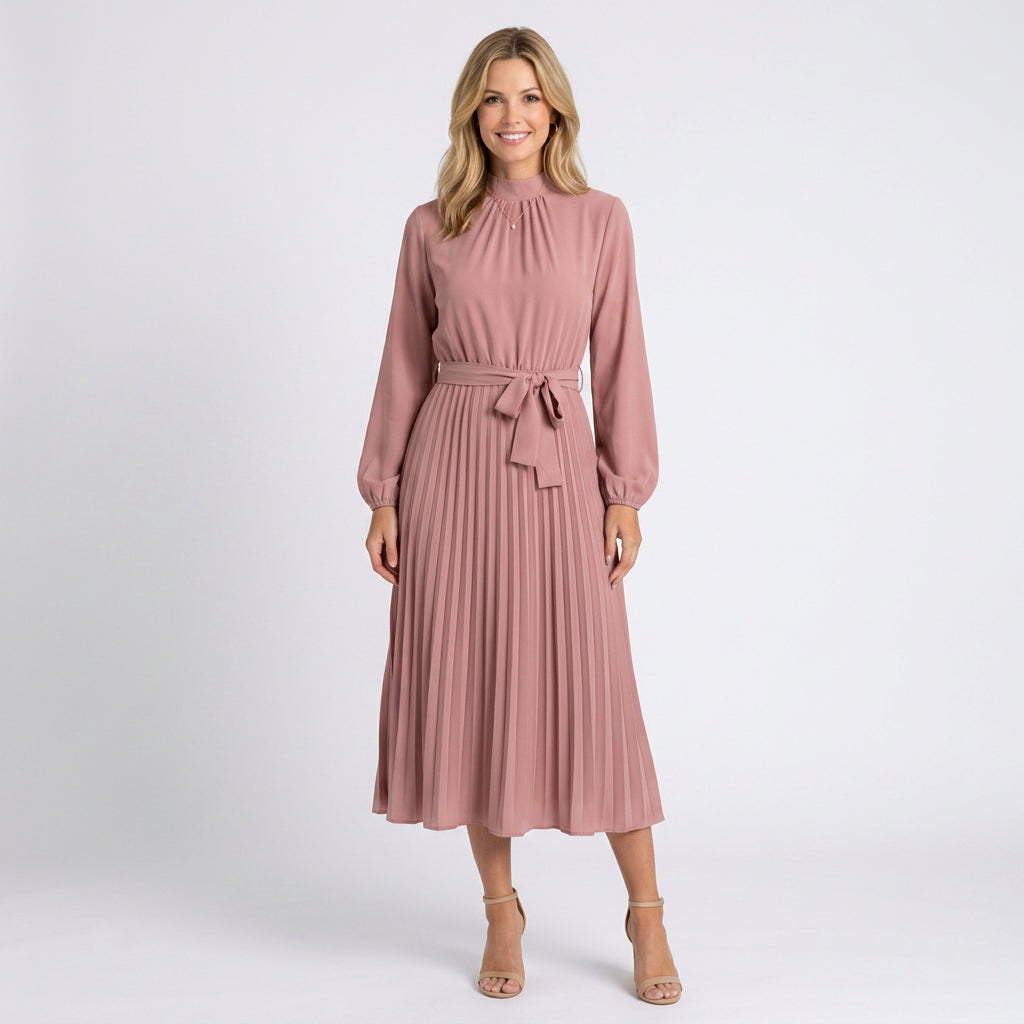 Midi Dress – High Neck Pleated Belted Style