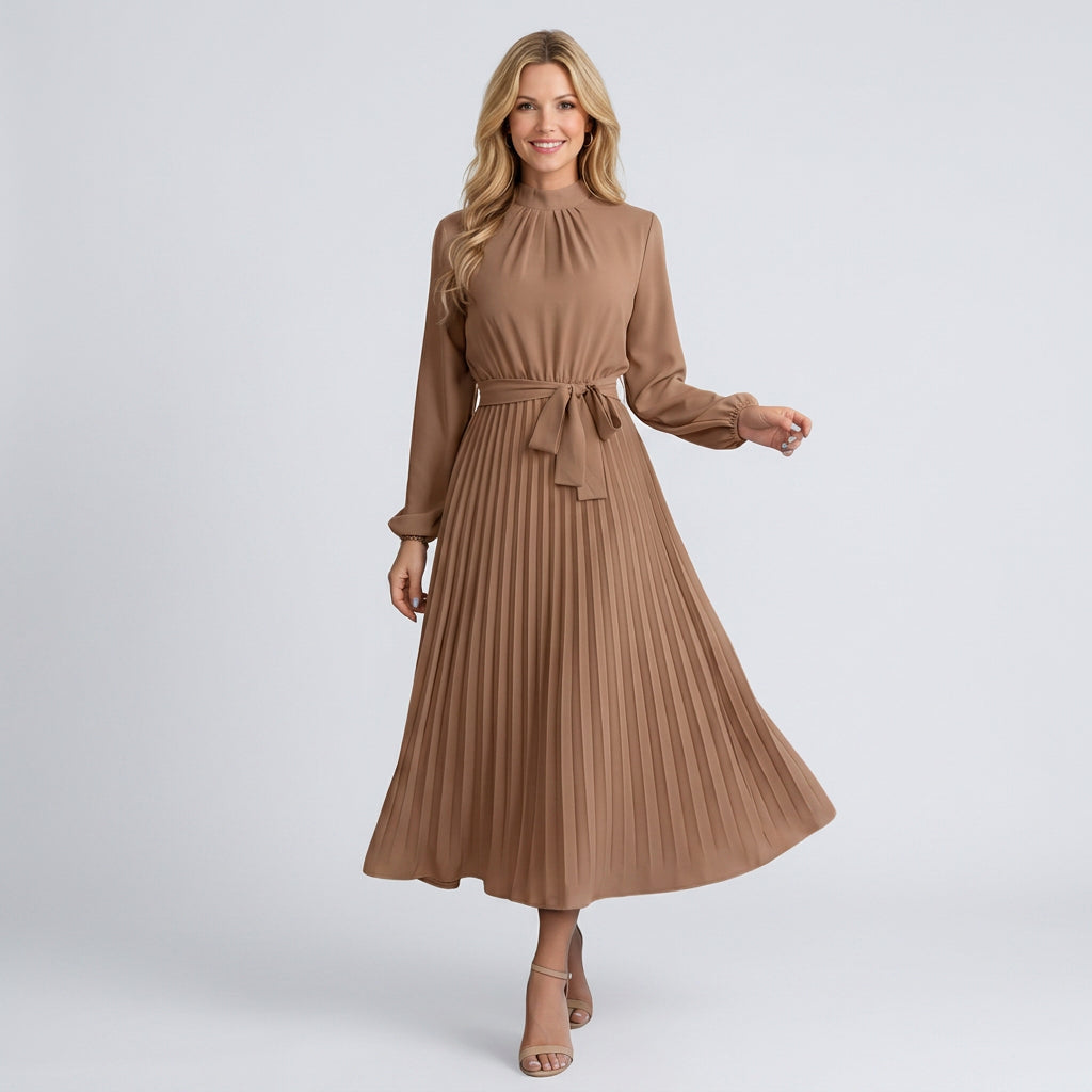 Midi Dress – High Neck Pleated Belted Style