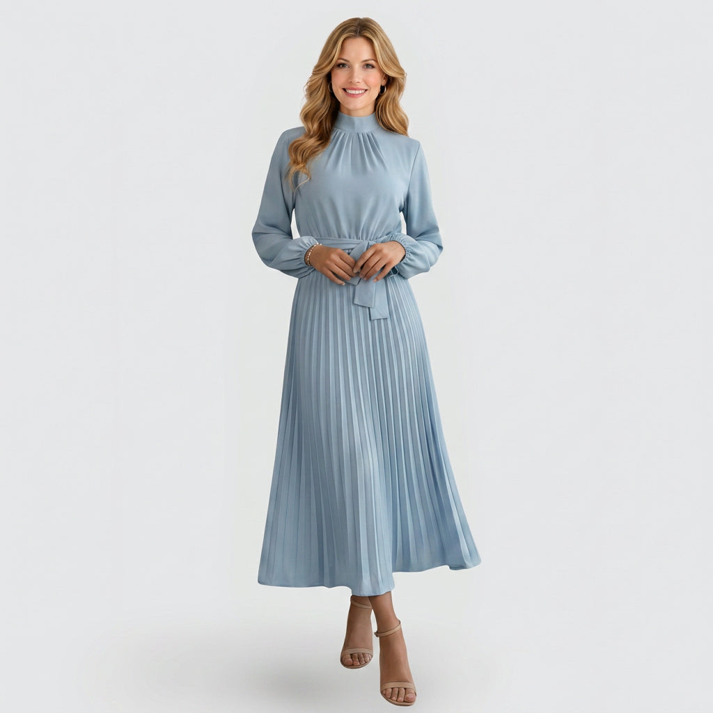 Midi Dress – High Neck Pleated Belted Style