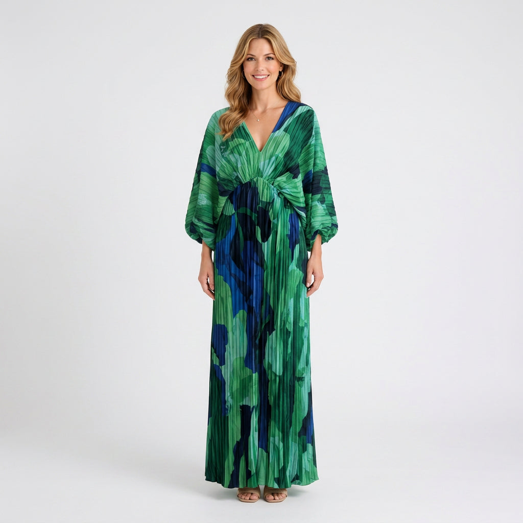 Maxi Dress – Pleated V-Neck Printed Style
