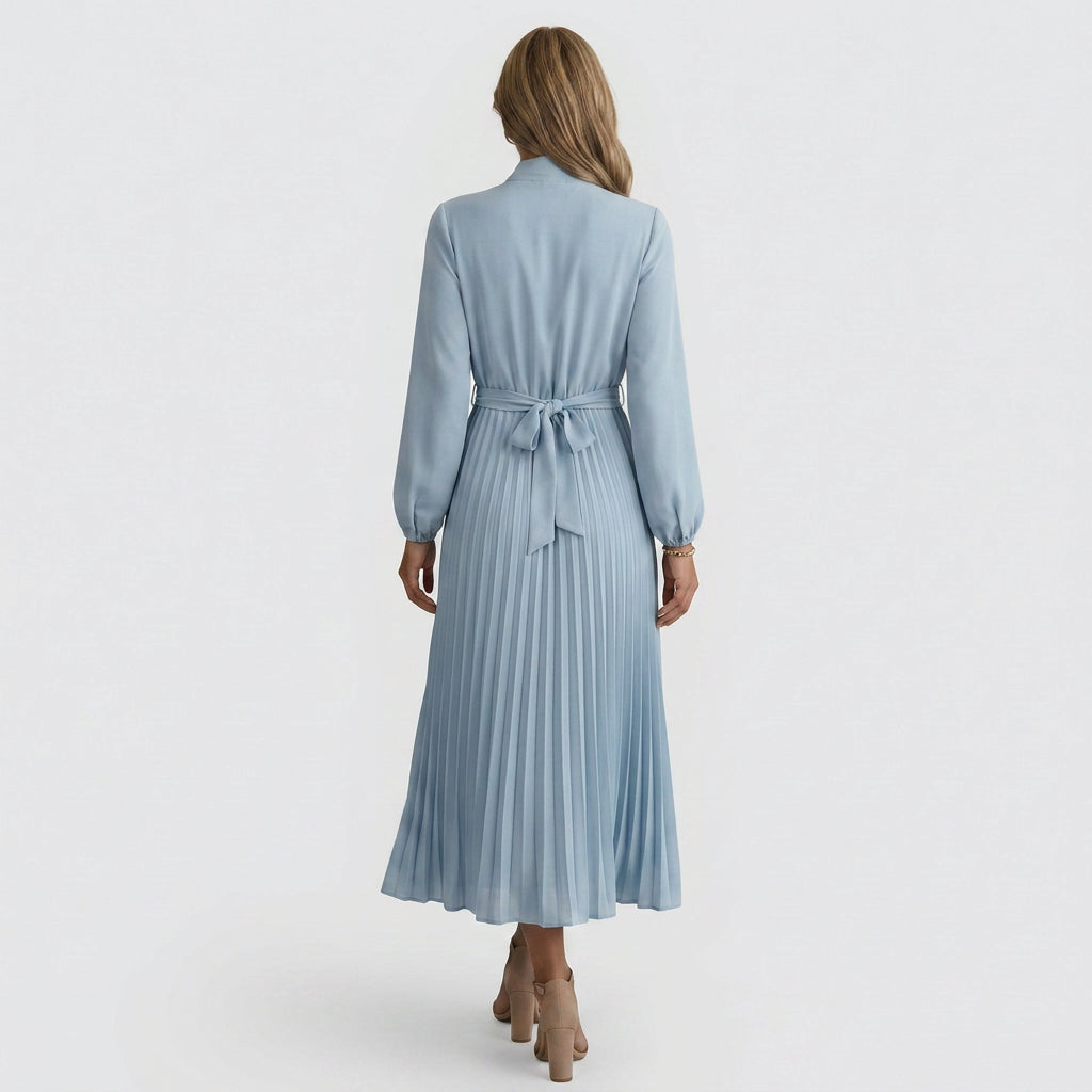 Midi Dress – High Neck Pleated Belted Style