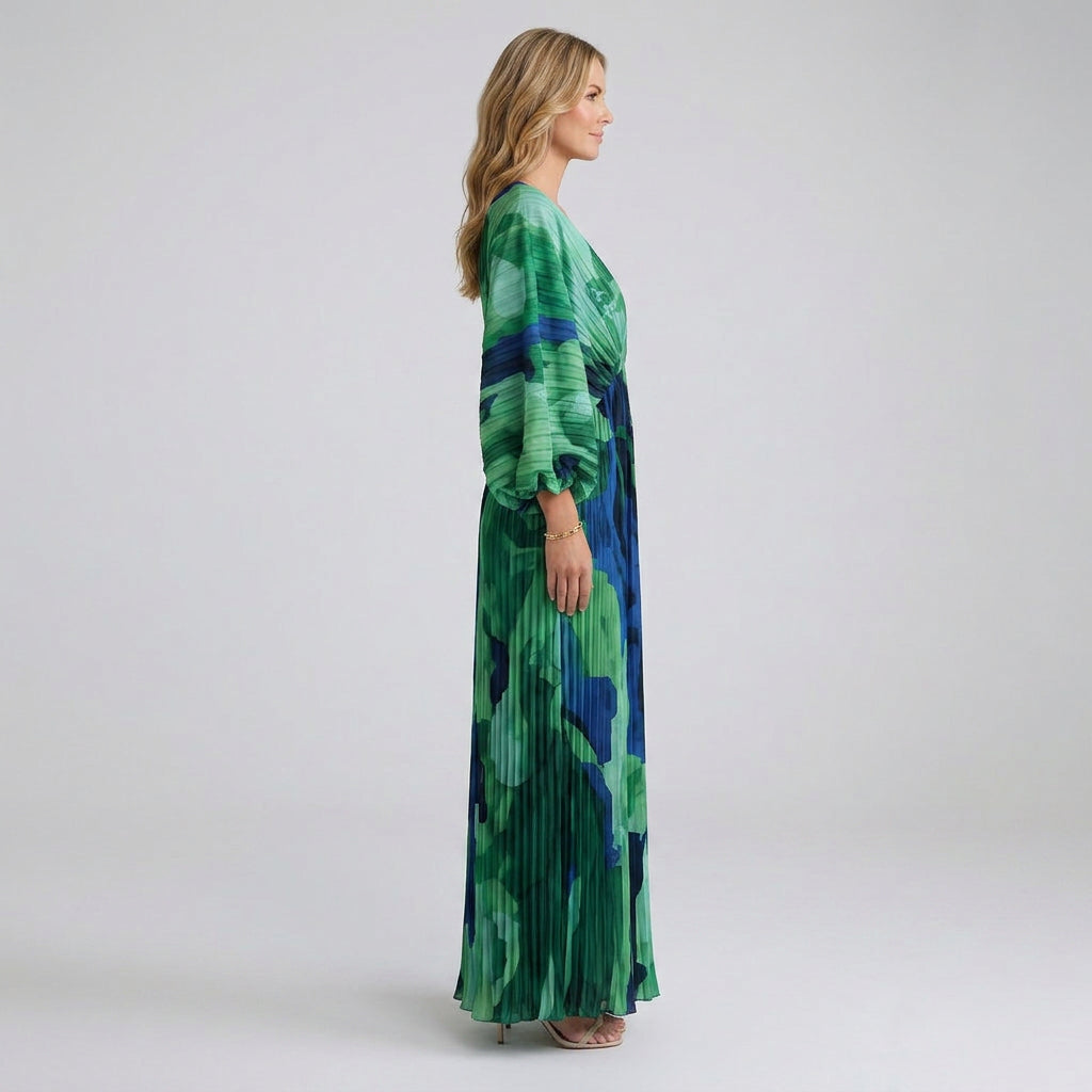 Maxi Dress – Pleated V-Neck Printed Style