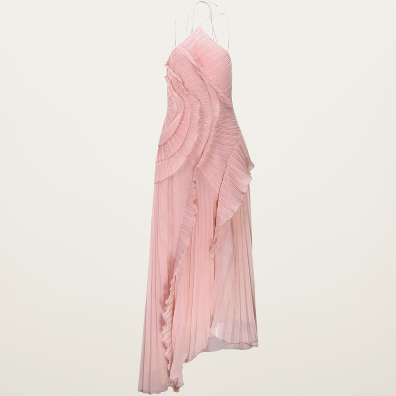 Halter Neck Pleated Maxi Dress Women’s Ruffle Occasion Dress