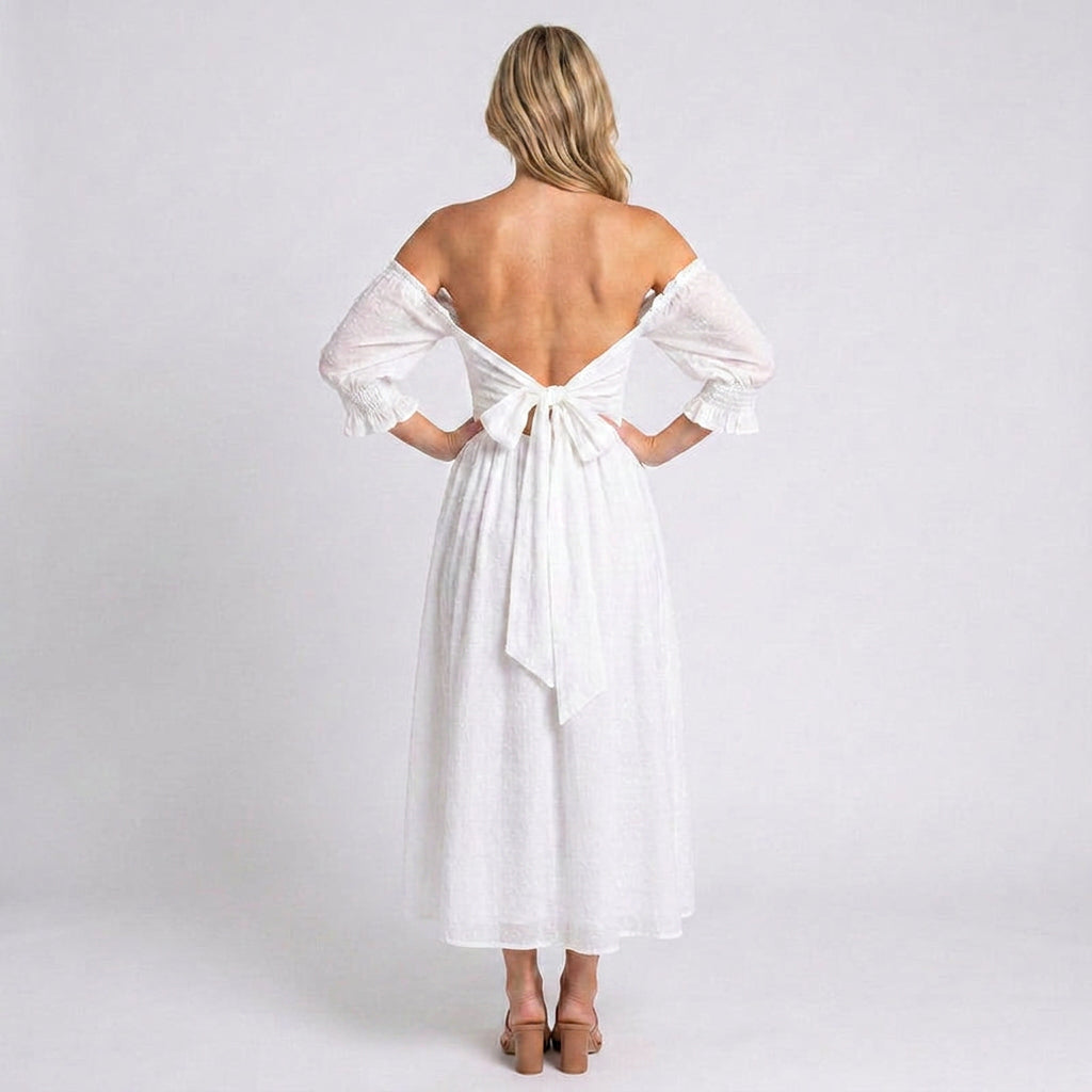 Midi Dress – Off Shoulder Smocked Puff Sleeve Style