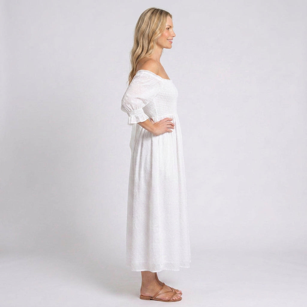 Midi Dress – Off Shoulder Smocked Puff Sleeve Style