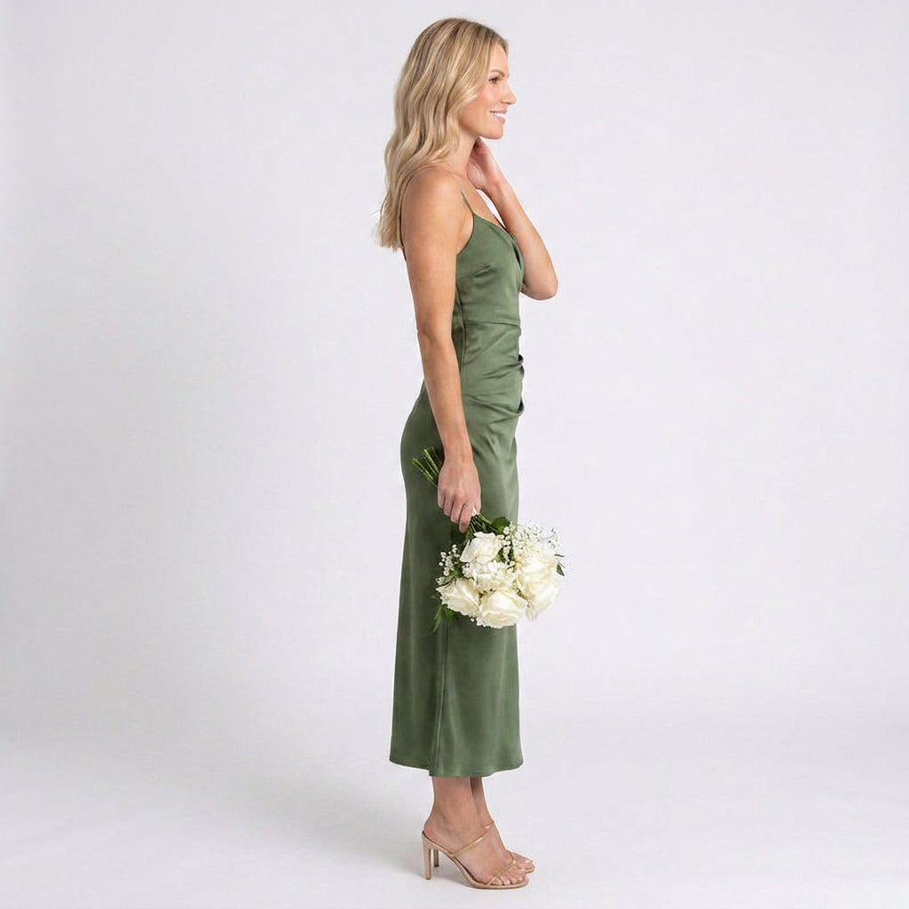 Midi Dress – Satin Wrap Ruched Elegant Style