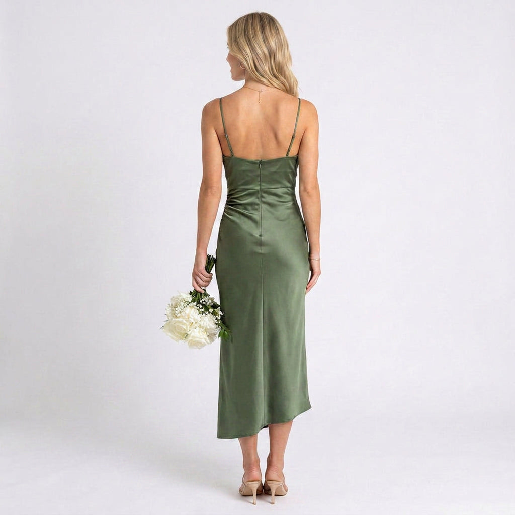 Midi Dress – Satin Wrap Ruched Elegant Style