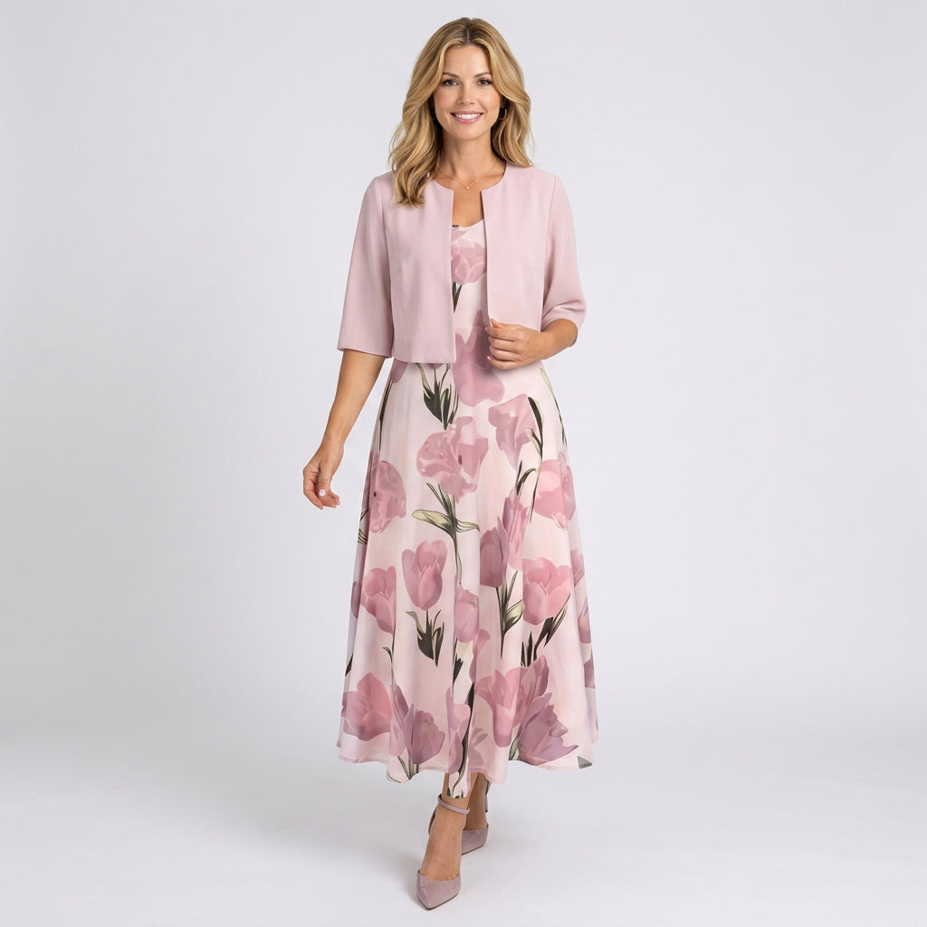 Midi Dress Set – Floral Dress and Cropped Jacket Elegant Style