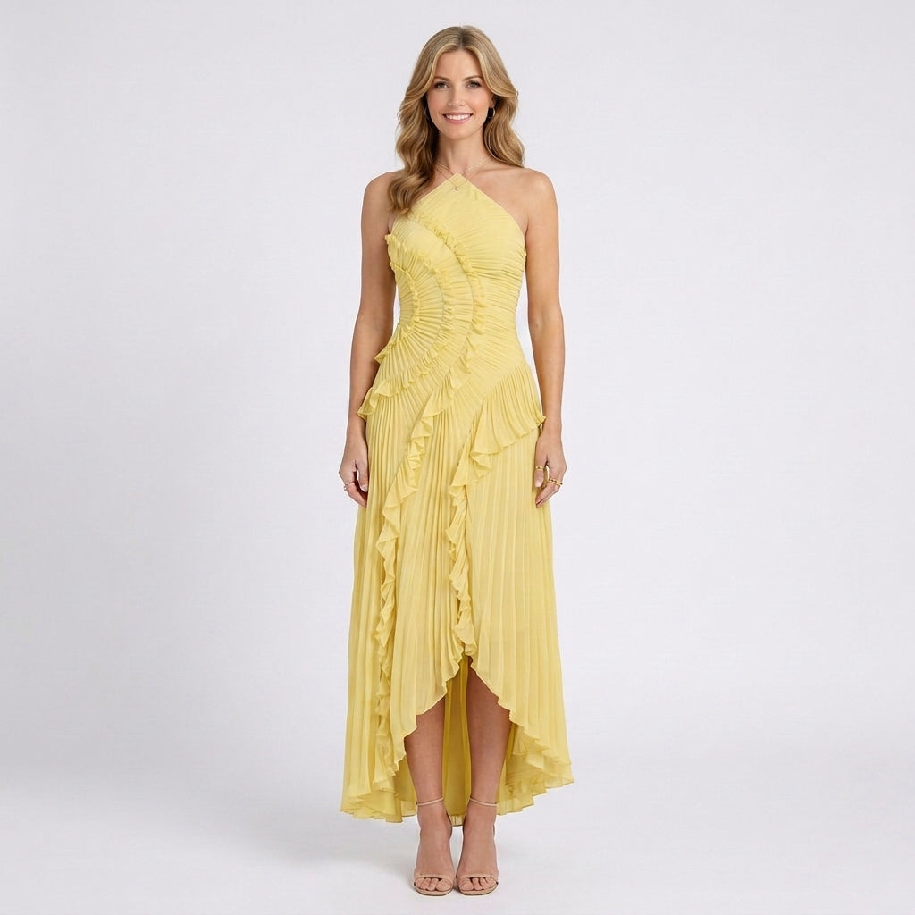 Halter Neck Pleated Maxi Dress Women’s Ruffle Occasion Dress