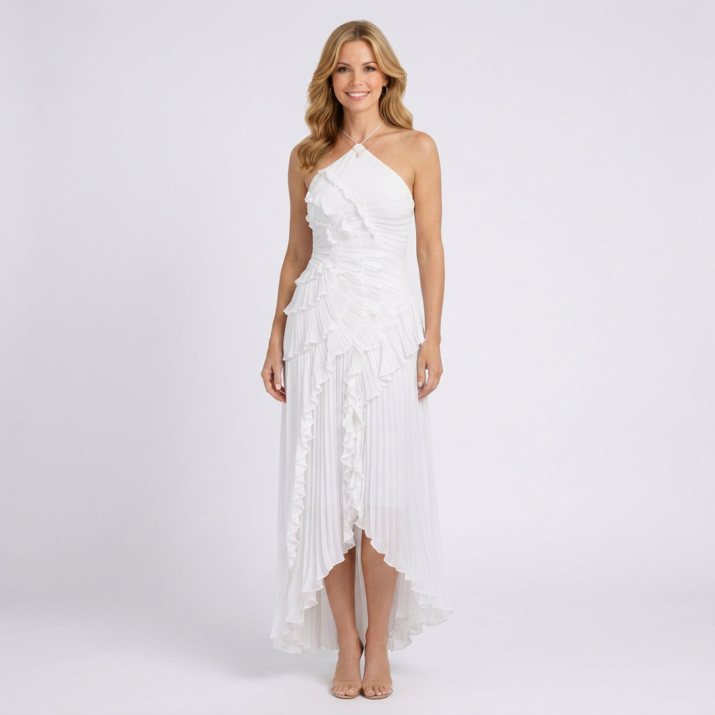 Halter Neck Pleated Maxi Dress Women’s Ruffle Occasion Dress