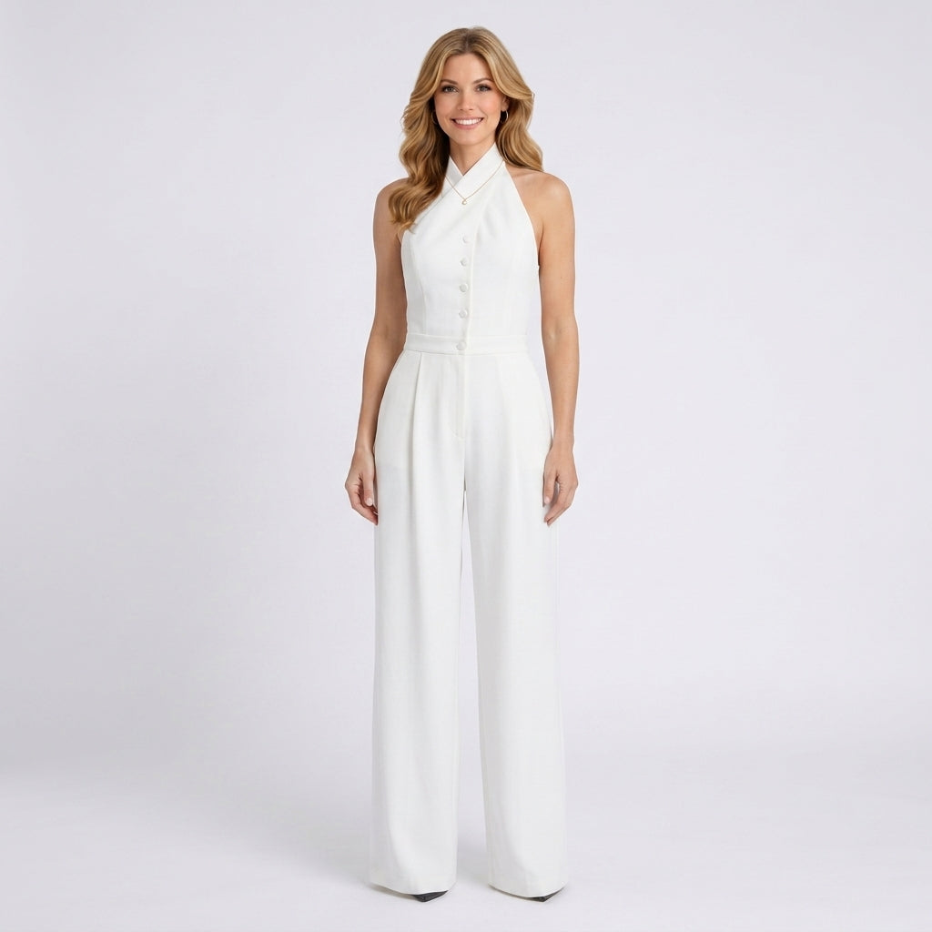 White Halter Neck Jumpsuit – Button Front Wide Leg Style
