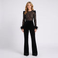 Black Lace Jumpsuit – Feather Cuff Flared Leg Style