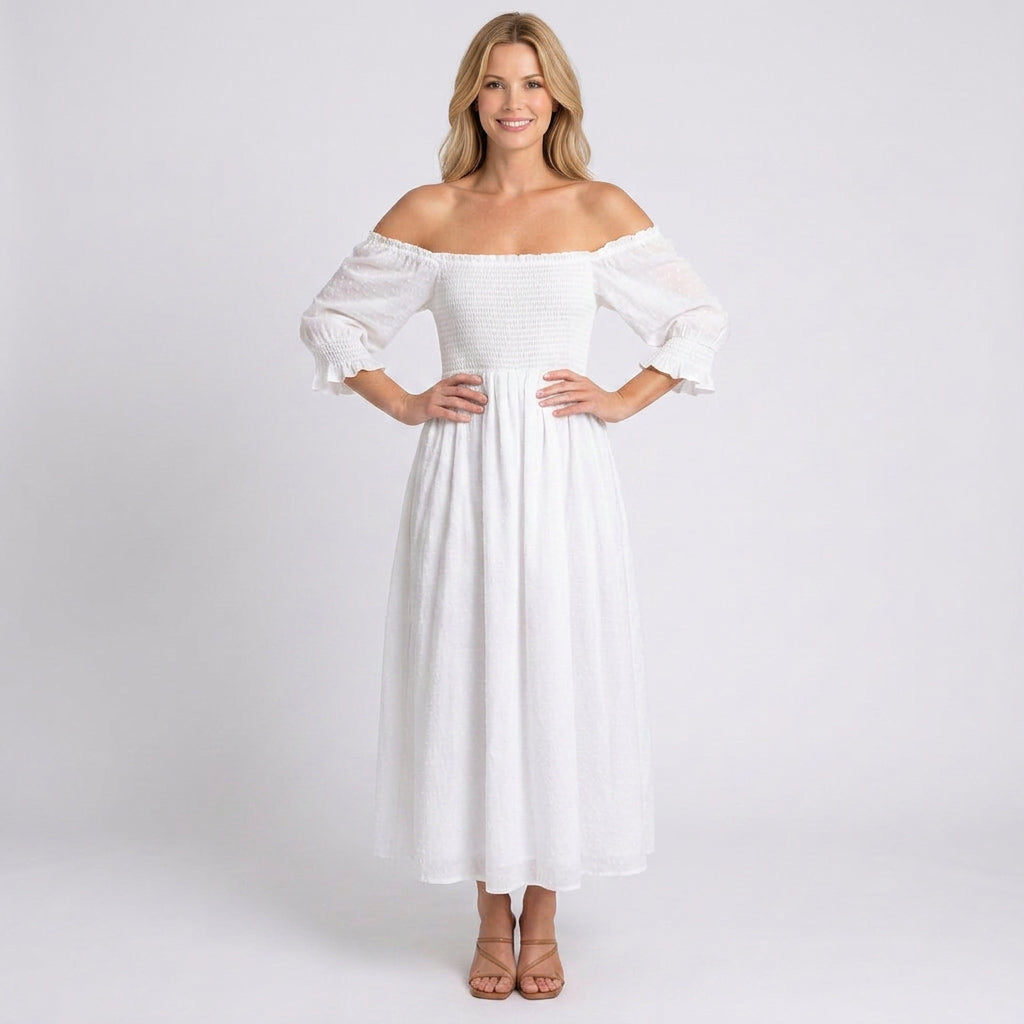 Midi Dress – Off Shoulder Smocked Puff Sleeve Style