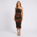 One Shoulder Ruched Midi Dress – Printed Bodycon Occasion Style