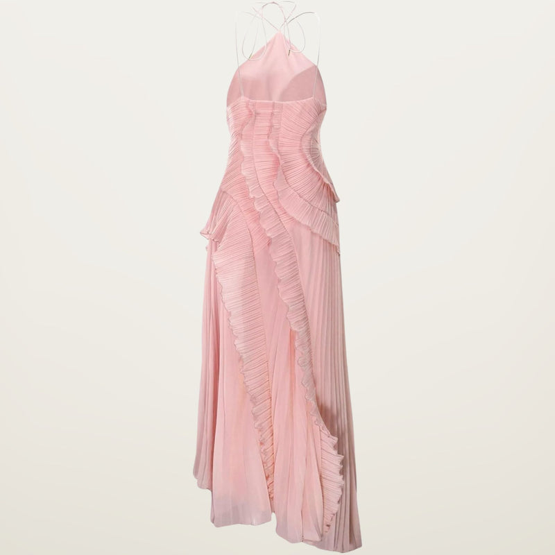 Halter Neck Pleated Maxi Dress Women’s Ruffle Occasion Dress