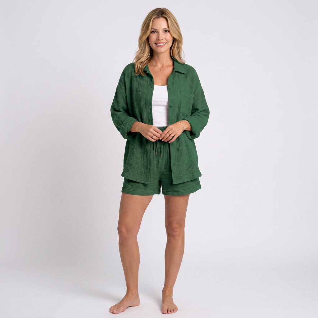 Two Piece Set – Textured Shirt and Shorts Relaxed Style