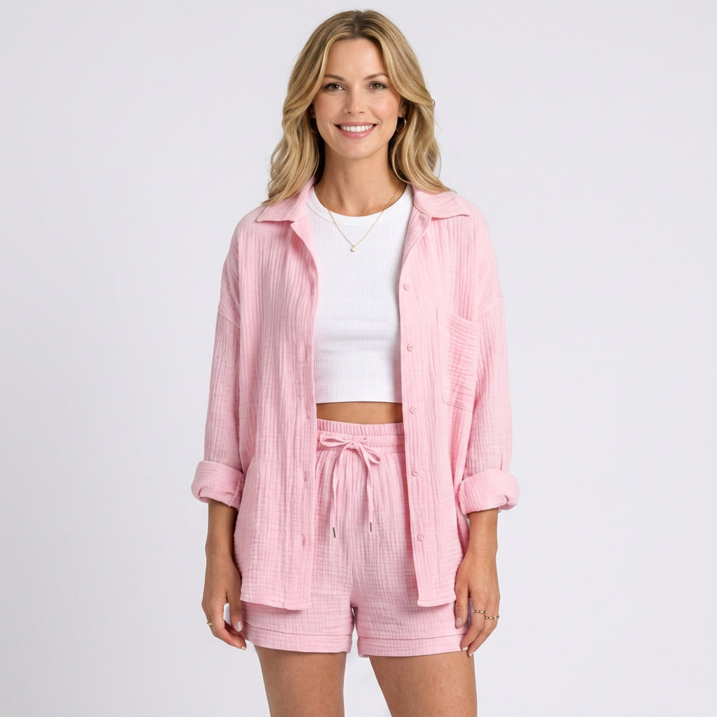 Two Piece Set – Textured Shirt and Shorts Relaxed Style
