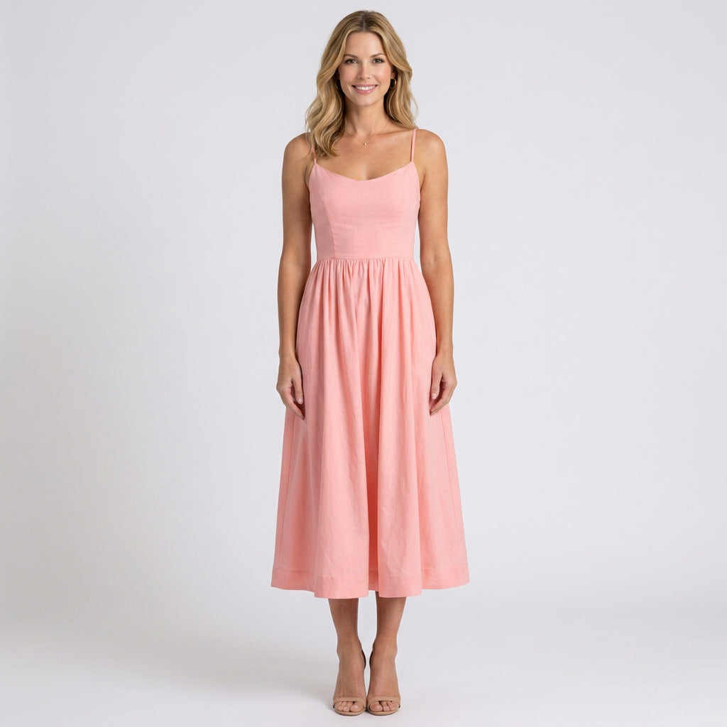 Midi Dress – Strappy Gathered A-Line Style