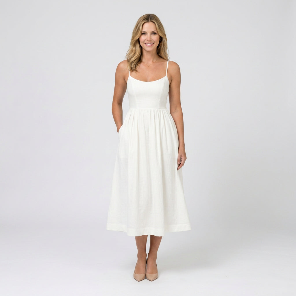 Midi Dress – Strappy Gathered A-Line Style