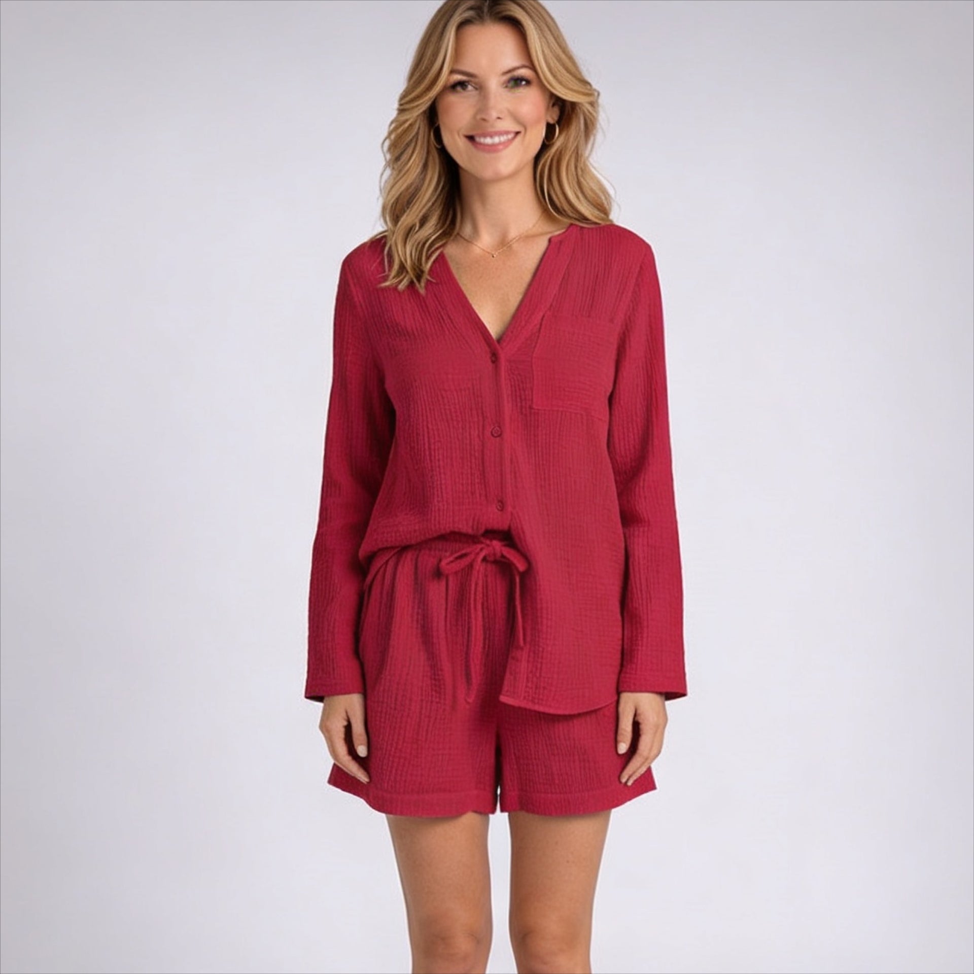 Two Piece Set – Textured Shirt and Drawstring Shorts Relaxed Style