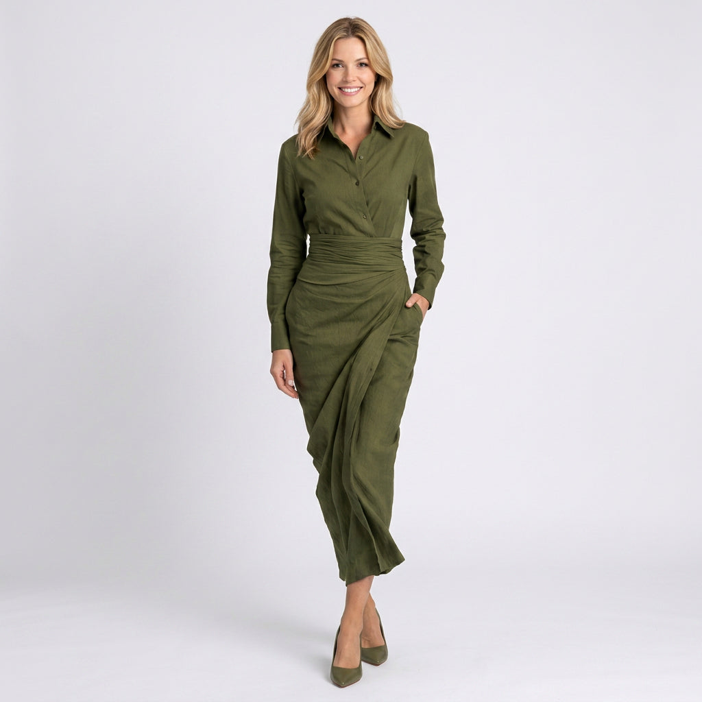 Midi Dress – Shirt Wrap Draped Style