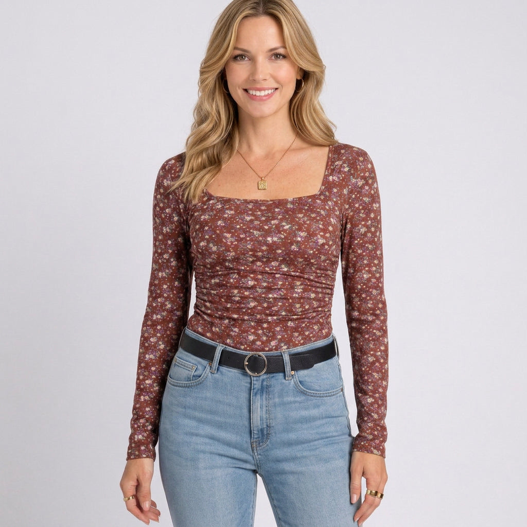 Women’s Floral Square Neck Long Sleeve Top