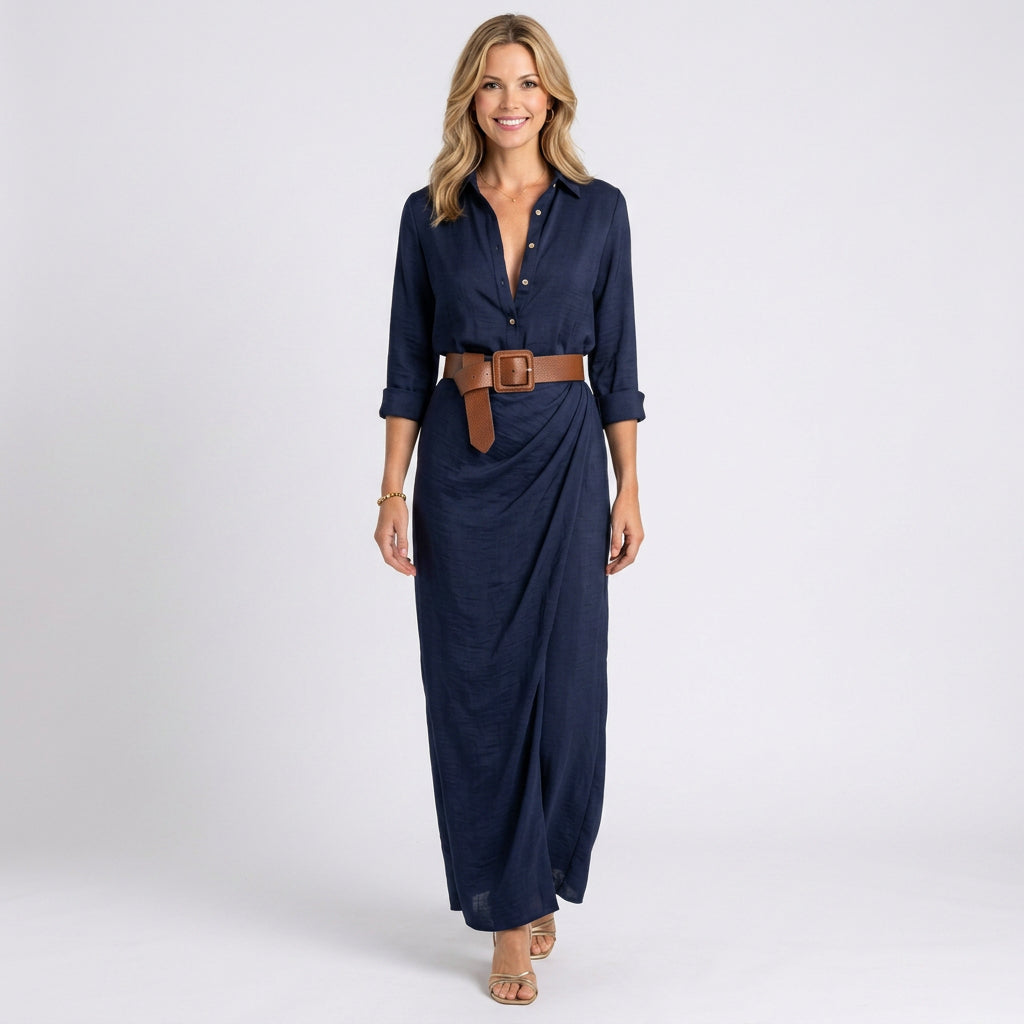 Two Piece Set – Button Shirt and Wrap Maxi Skirt Elegant Style