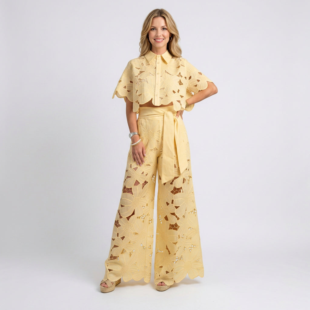Two Piece Set – Floral Eyelet Shirt and Wide Leg Trousers Elegant Style