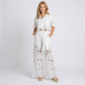 Two Piece Set – Floral Eyelet Shirt and Wide Leg Trousers Elegant Style