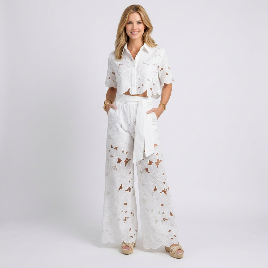 Two Piece Set – Floral Eyelet Shirt and Wide Leg Trousers Elegant Style