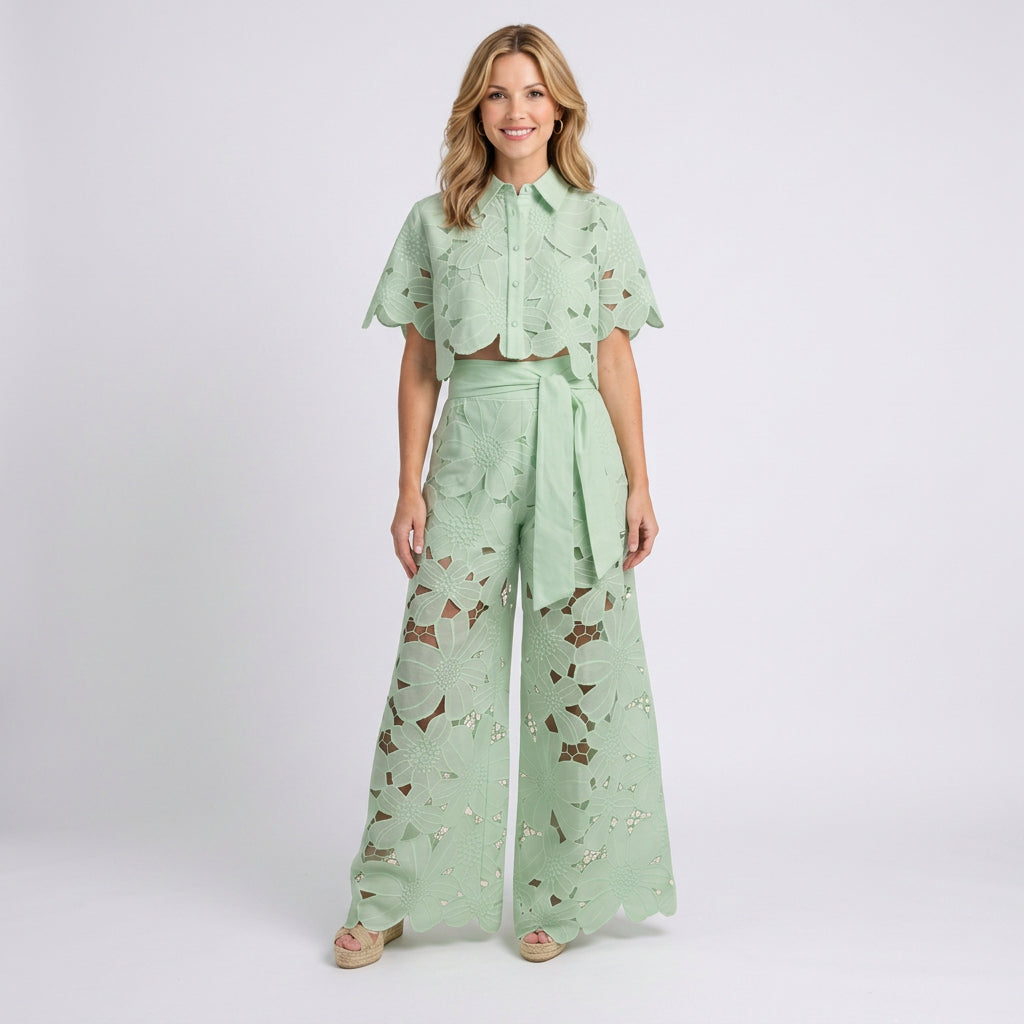 Two Piece Set – Floral Eyelet Shirt and Wide Leg Trousers Elegant Style