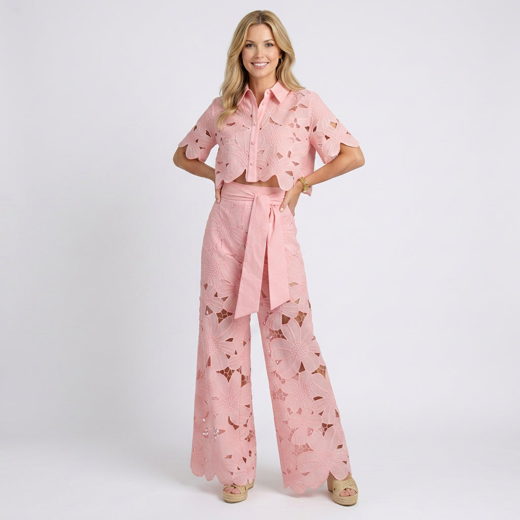Two Piece Set – Floral Eyelet Shirt and Wide Leg Trousers Elegant Style
