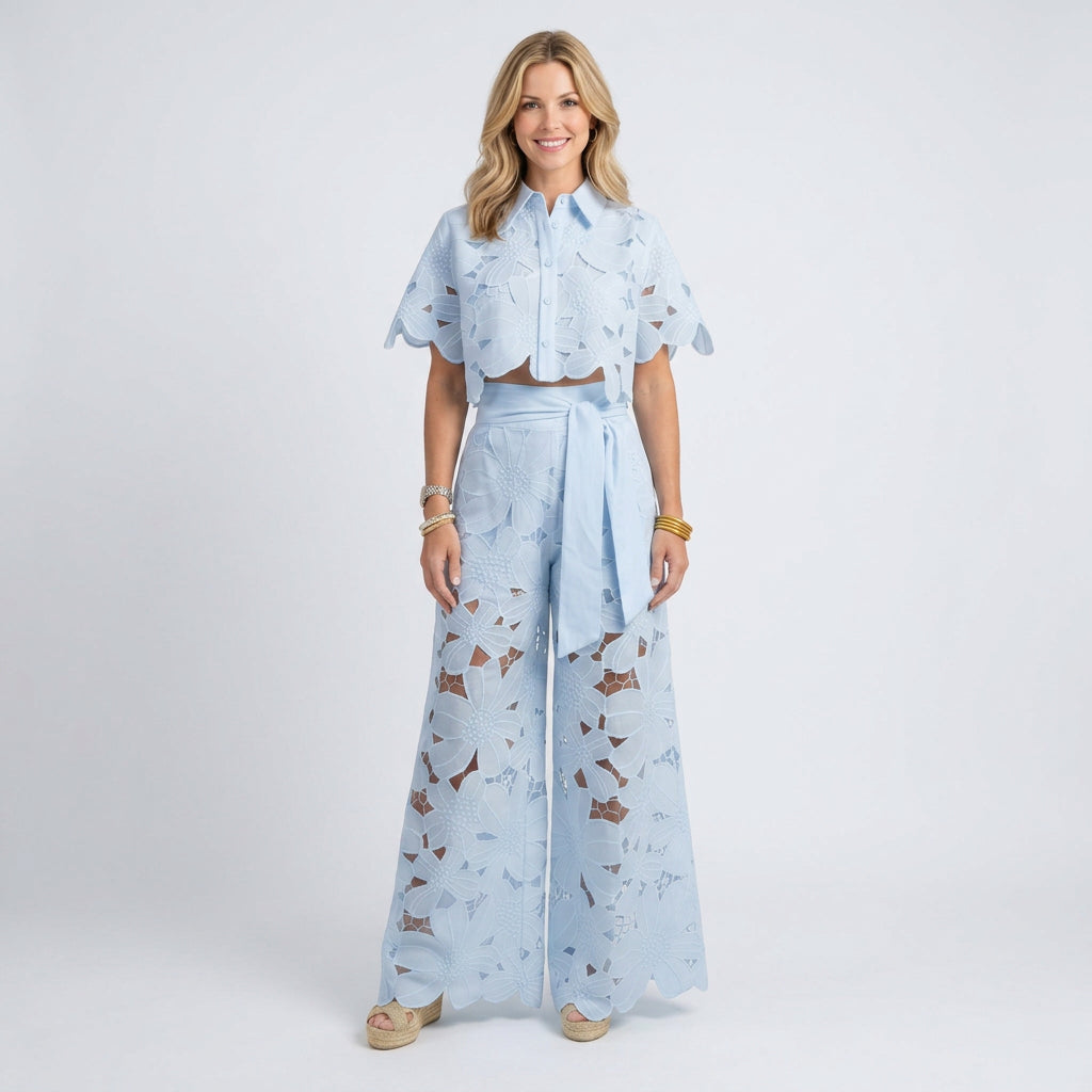 Two Piece Set – Floral Eyelet Shirt and Wide Leg Trousers Elegant Style