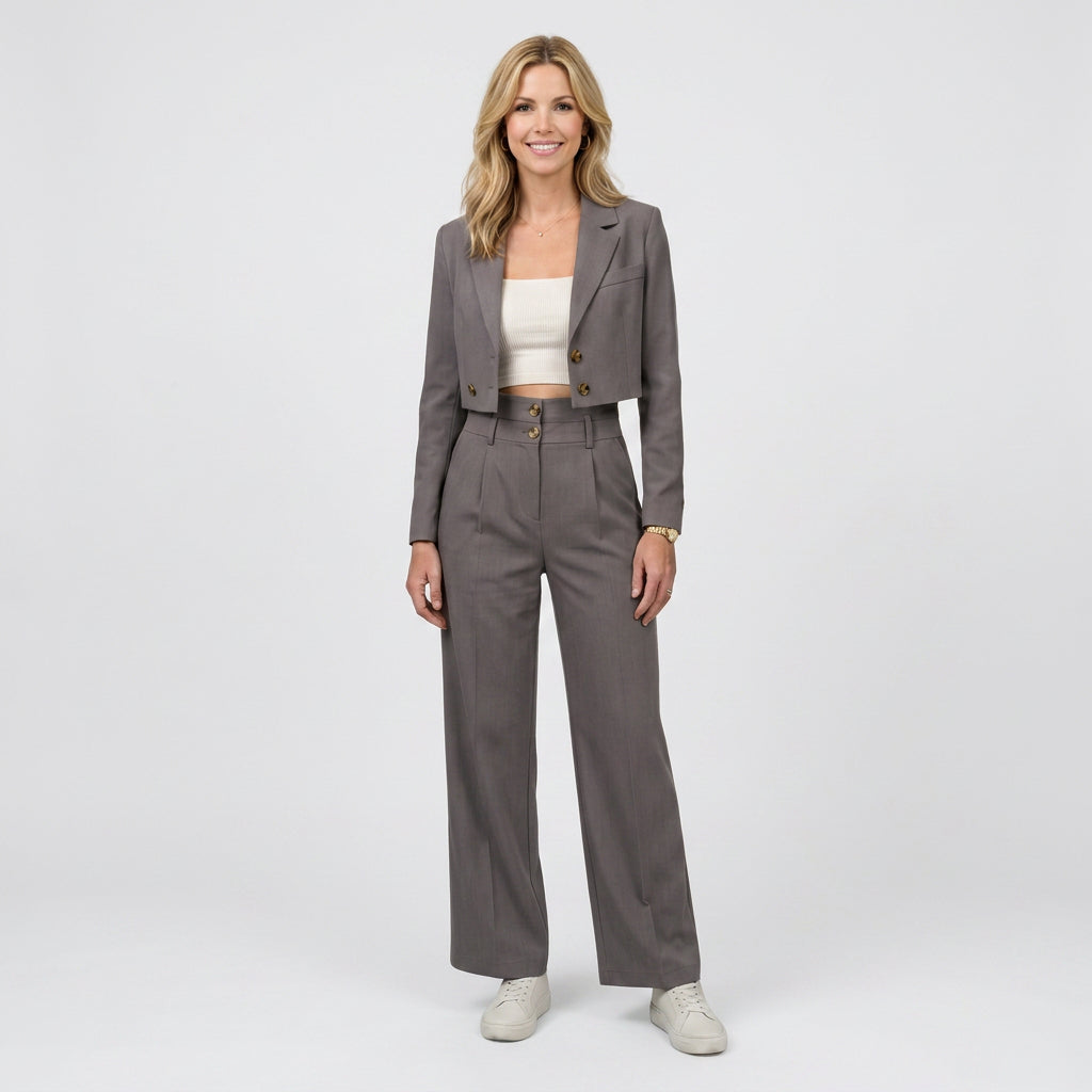 Suit Set – Cropped Blazer and Wide Leg Trousers Tailored Style