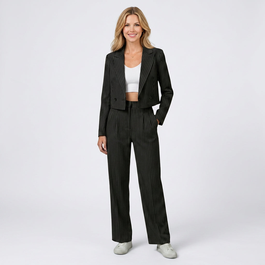 Suit Set – Pinstripe Cropped Blazer and Wide Leg Trousers