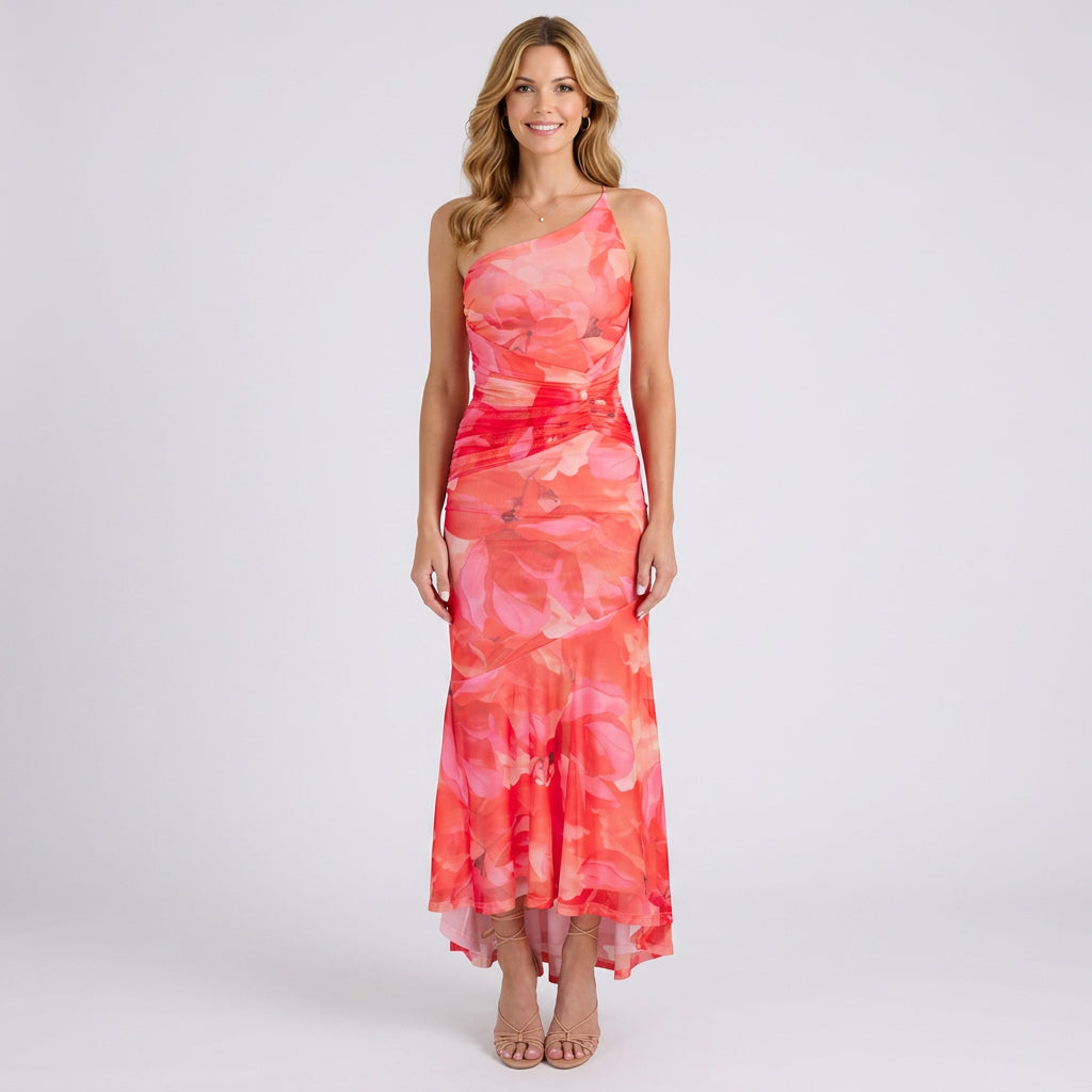 One-Shoulder Floral Ruched Maxi Dress