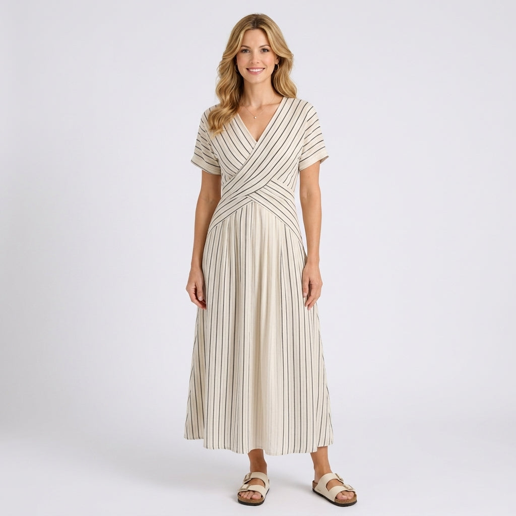 Striped Wrap Waist Midi Dress