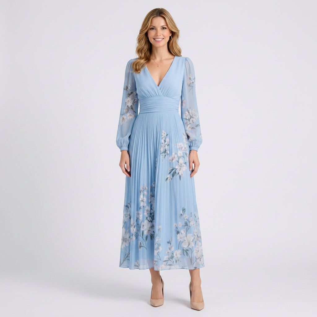 Floral Pleated Empire Waist Maxi Dress